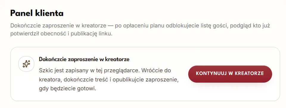 Panel pary z kartą zaproszenia i przyciskiem „Kontynuuj w kreatorze”